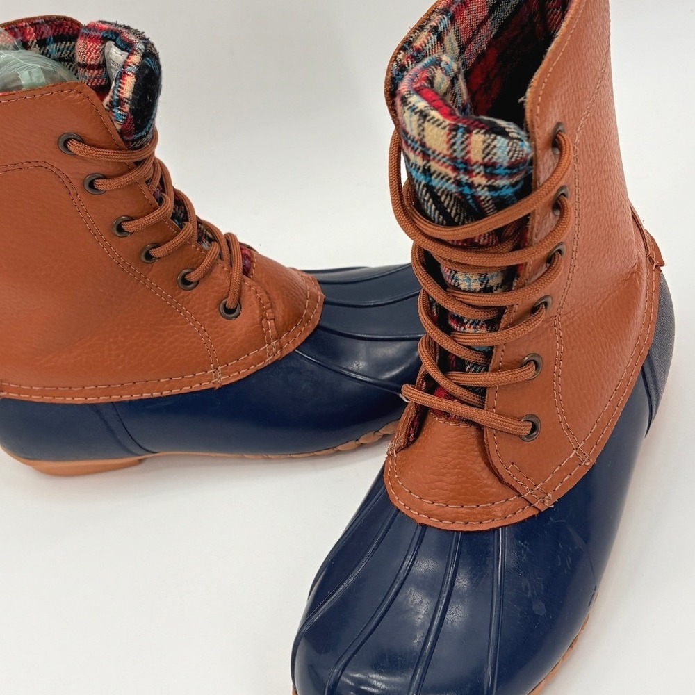 Sporto Womens Navy Blue Tan Plaid Lined Lace Up Duck Boots Size 7 Leather